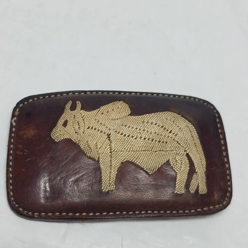 Vintage Unique Brahma Bull Western Belt Buckle Leather with Stitching Embroidery